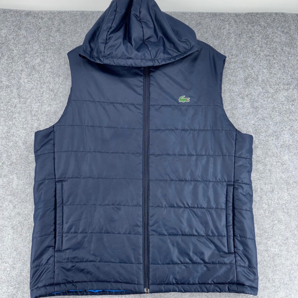 Lacoste Sport Mens Navy Blue Hooded Puffer Vest XXL BH9525 Quilted Gilet